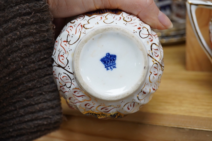 A pair of Victorian bone china figural dishes, an Imari pattern teaset, together with other wares. Condition - mostly fair